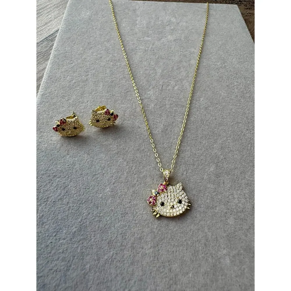 Hello Kitty Moissanite Necklace & Earring Set - Vermeil over 925 - Picture 7 of 7
